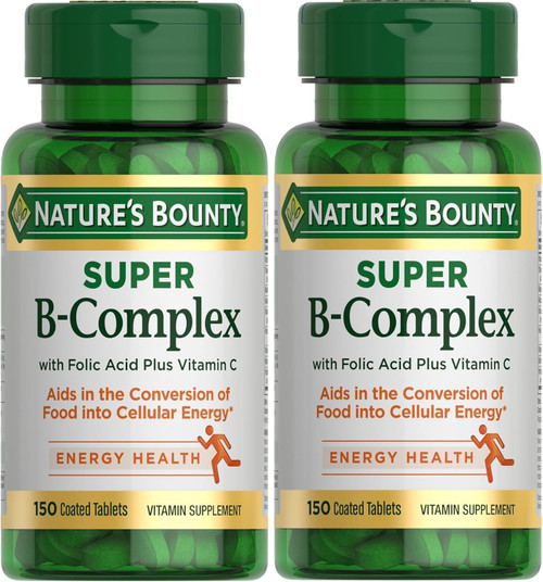 Nature's Bounty Super B Complex with Vitamin C & Folic Acid, Immune & Energy Support, 150 Tablets - Pack of 2