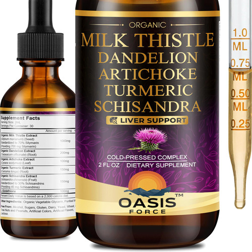 OASIS FORCE Organic Milk Thistle Extract Liquid, Silymarin Milk Thistle Drops Supplement with Dandelion & Artichoke for Digestive Health, Daily Vitality & Liver Support, Vegan, Alcohol-Free, 2 FL OZ