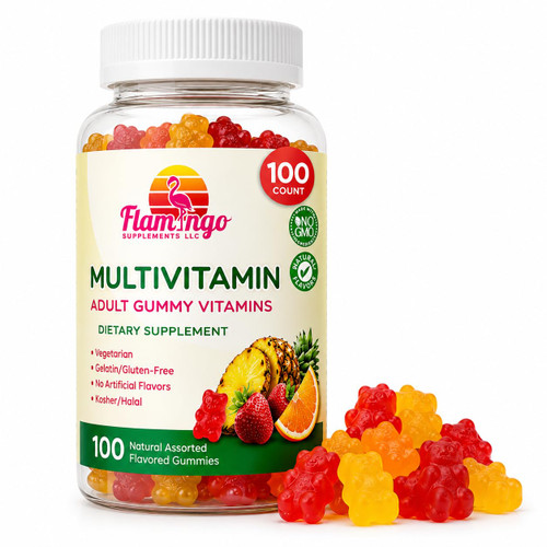Flamingo Supplements Multivitamin Gummies | Vegan Friendly, Kosher Halal NO Gluten or Gelatin, no GMO| for Men, Women & Kids| 3 Natural Flavors | Vitamins C, B3, B12, Biotin, Zinc & More| 100 Gummies