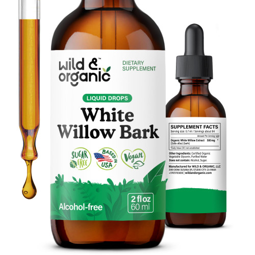 Wild & Organic White Willow Bark Extract Liquid Drops - Overall Well-Being Supplement - 500 mg White Willow Bark Herb Tincture - No Alcohol & Sugar - 2 fl oz