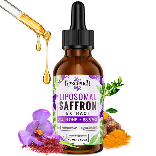 Resciency Liposomal Saffron Supplements Drops 88.5mg – High Bioavailability Liquid Saffron Extract for Mood Support, Energy, Focus & Vision with Ashwagandha, Magnesium, Zinc, B12 & D3, 2 fl oz