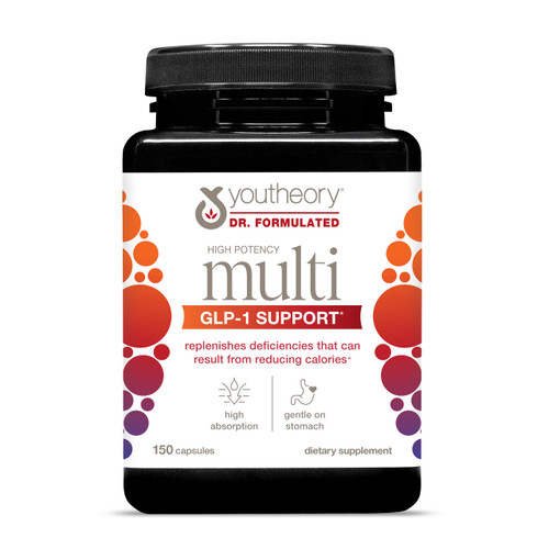 Youtheory High Potency Multi -150 Vegetarian Capsules (75 Day Suppy) - GLP-1 Support Multivitamin with Vitamin D, C, & Iron- Supports Energy, Immune & Metabolic Health* - Gentle on Stomach*