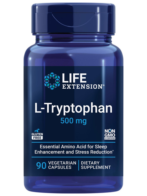 Life Extension L-Tryptophan, 500 mg, Encourages Healthy Serotonin Levels and Promotes Healthy Sleep, Mood, Stress Response & Satiety, Gluten-Free, Non-GMO, Vegetarian, 90 Capsules