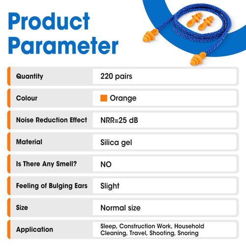 AZEN 220 Pairs Silicone Ear Plugs, Reusable Earplugs for Noise Reduction, 25dB NRR Corded Ear Plug for Sleeping Noise Cancelling, Ear Plug with String Individual Packing