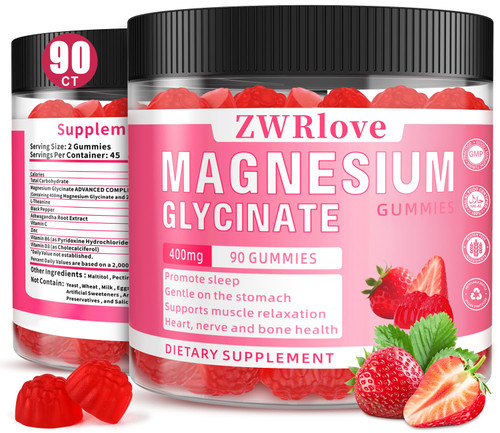 Magnesium Glycinate Gummies 400 mg with Ashwagandha,Magnesium Malate & L-Theanine for Women Men & Kids Adults,Chewable Complex Supplements for Sleep,Calm,Nerves,Heart,Muscles,90 Count