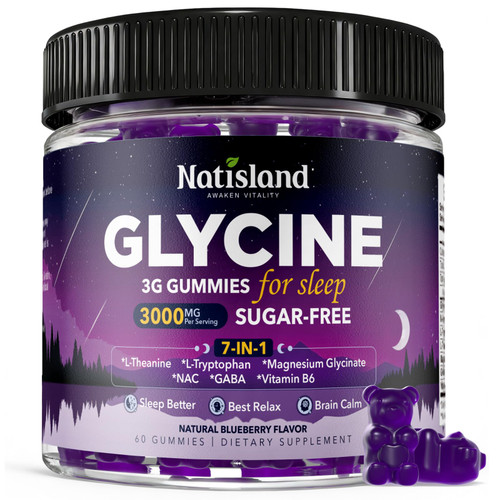 Glycine Gummies for Sleep, Glycine 3g Supplements with NAC, Magnesium Glycinate, L-Theanine, GABA, L Tryptophan, B6 for Relax, Nerve & Brain, Melatonin Free, Sugar Free, Vegan, Blueberry Flavor, 60 Ct