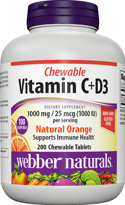 Webber Naturals Chewable Vitamin C 1000mg + D, Orange Flavor, 200 Tablets