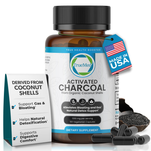 TRUEMED Activated Charcoal Capsules 1200 mg – Organic Activated Charcoal Pills Derived from Coconut Shells for Stomach & Digestive Support – Natural Detox & Bloating – Made in USA – 100 Capsules