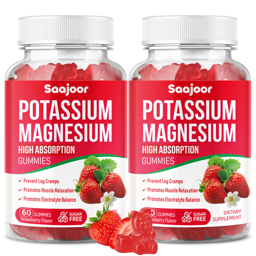 Potassium Magnesium Gummies,High Absorption Magnesium Glycinate,D3 & B6,Potassium Citrate - for Muscle Support, Leg Cramps & Electrolyte Balance - Vegan, Non-GMO, Strawberry Flavor, 120 Count