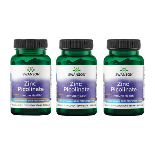Swanson Zinc Picolinate Chelated Mineral Supplement for Adults Seeking Immune, Vision, and Prostate Support - Body-Preferred Form - 22 mg (60 Vegan Capsules, 3 Pack)
