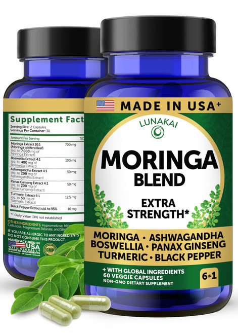 Lunakai USA Made Pure Moringa Capsules – Advanced Moringa Leaf Extract Supplement with Ashwagandha, Boswellia, Ginseng & Turmeric, 60ct