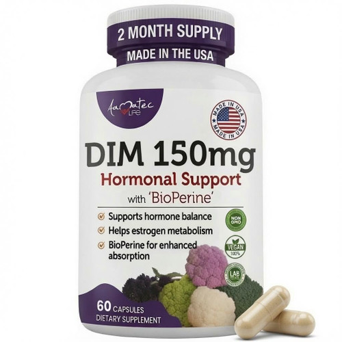 AAMATEC LIFE Women’s DIM Complex 150mg - Bioperine Estrogen Balancing Pills for Menopause & Hot Flashes Relief Support Hormonal Acne Powerful Supplement - 60 Capsules - Made in USA