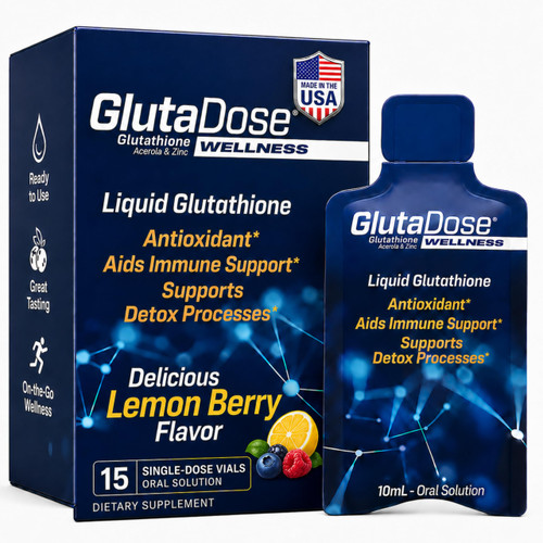 GlutaDose Liquid Glutathione Supplement, L Glutathione Liquid w/Acerola & Zinc, Natural Lemon Berry Flavor, Zero Sugar Antioxidant Formula for Daily Immune Support, 15 Single Serve Vials