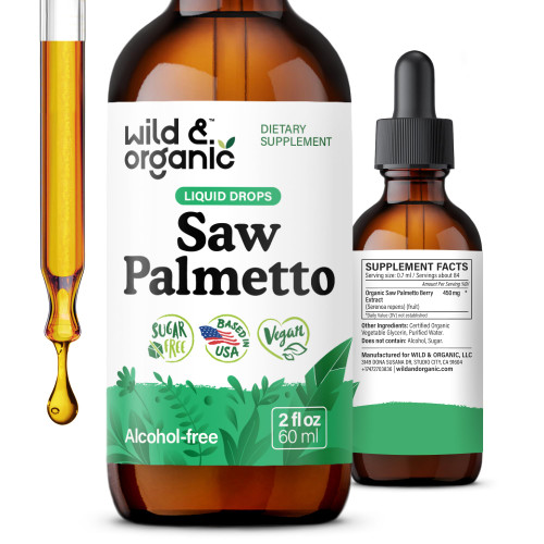 Wild & Organic Saw Palmetto for Men & Women - Urinary & Hair Support - Liquid Saw Palmetto Extract - Add to Tea Drops - Serenoa Repens Supplement - Vegan, Sugar & Alcohol-Free Tincture - 2 fl oz