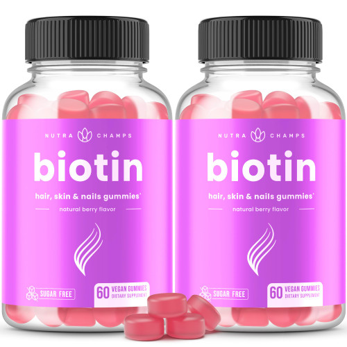 NutraChamps Sugar Free Biotin Gummies 10000mcg [High Potency] - Healthy Hair, Skin & Nails for Women, Men & Kids - 5000mcg in Each Gummy - Vegan Hair Health Vitamins Supplement - Raspberry (2-Pack)