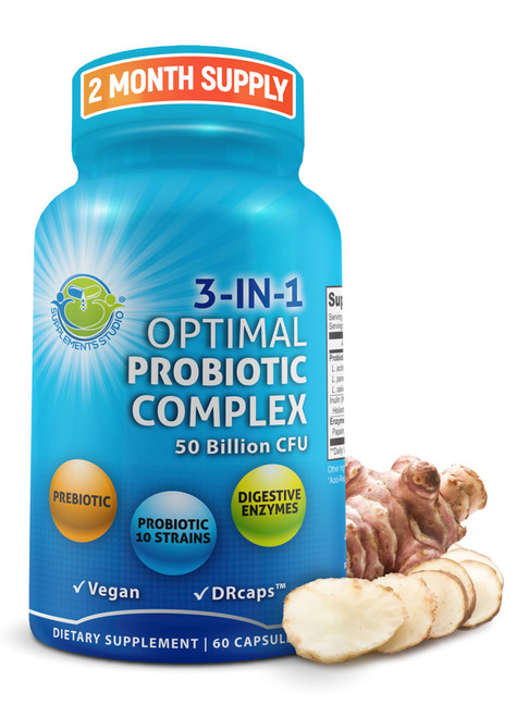 Probiotics with Digestive Enzymes and Prebiotic for Women and Men - 3-In-1 Vegan Probiotic Prebiotic Multi Enzyme Complex for Gut Health - Maximum Absorption Delayed-Release Capsules