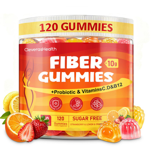 CleverasHealth 10G Fiber Gummies for Adults with 30 Billion CFU Probiotics,Vitamins C, D, B12,Electrolytes - Supports Digestive Health & Relieves Constipation and Bloating,Sugar Free - 120 Count