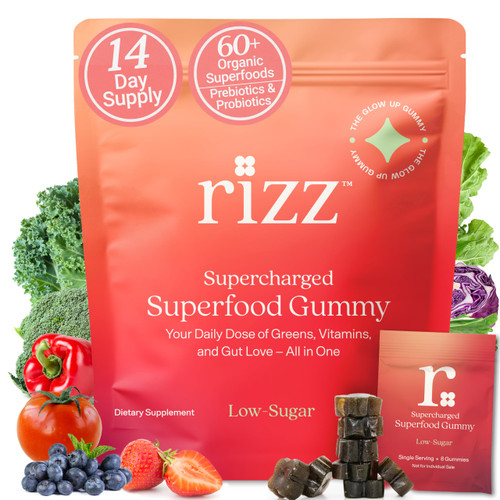 RIZZ Low Sugar Green Gummies - 60+ Superfoods 6g Fiber - 14 Day Supply Prebiotic and Probiotic Gummies - Vegan Multivitamins for Women & Men - Gluten Free - Mushroom, Fruit and Vegetable Supplements