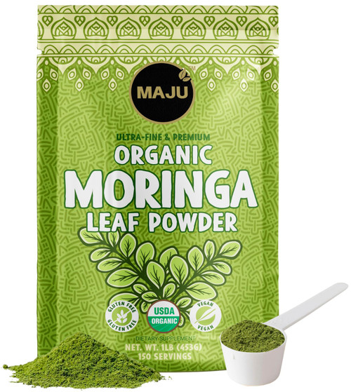 MAJU's Organic Moringa Powder (1 Pound), Oleifera Leaf, Extra-Fine Quality, Dried Drumstick Tree Leaves, For Tea, Smoothies, Food-Grade
