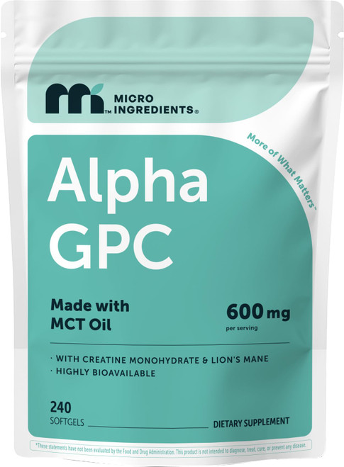 Micro Ingredients Alpha GPC 600mg per Serving with MCT Oil, 240 Softgels – Bioavailable Choline Supplement with Creatine Monohydrate & Lion’s Mane – Non‑GMO, cGMP Manufactured