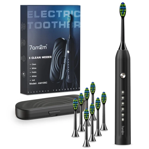 7AM2M Sonic Electric Toothbrush for Adults and Kids, with 8 Brush Heads and Travel Case,5 Modes with 2 Minutes Build in Smart Timer, One Charge Use for 90 Days, Rechargeable Toothbrushes(Black)