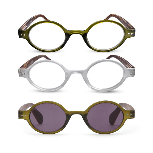 2SeeLife 3-Pack Small Round TR-90 Reading Glasses for Men & Women - Narrow-Medium Fit, Sturdy Frame, Spring Hinges, Retro Readers, Green, Clear, Sun Readers - Green, +1.00