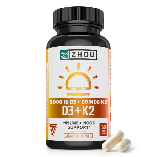 ZHOU D3+K2 Supplement - 60 Veggie Capsules (Pack of 1)