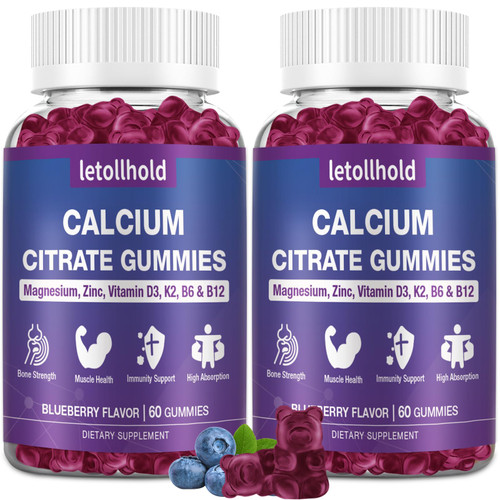 Calcium Citrate Gummies - 1200mg Calcium Gummies with Magnesium Zinc Vitamin D3,K2, B6, B12 for Bone, Muscle, Joints, Immune Support, High Absorption Calcium Supplements for Women Blueberry Flavor