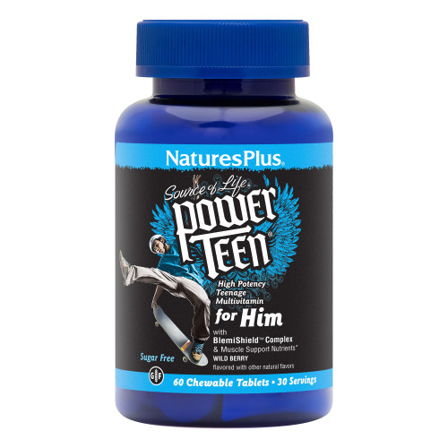 NaturesPlus Power Teen for Him - 60 Chewable Tablets, Wild Berry - High-Potency Teenage Multivitamin - Sugar Free, Vegetarian, Gluten Free - 30 Servings