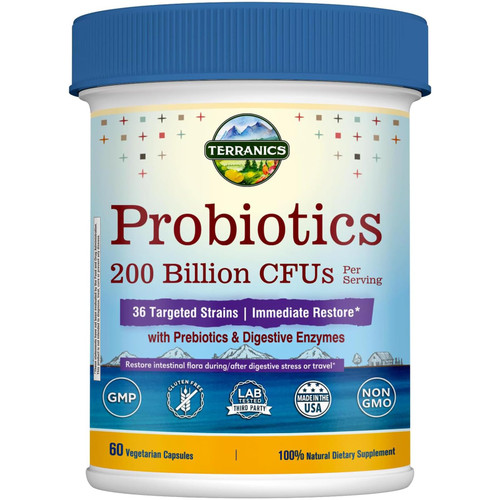 Terranics Daily Probiotics for Men & Women, 200 Billion 36 Strains Immediate Restore Probiotics, with Prebiotics & Enzymes, Delayed Release, Shelf Stable, 60 Veggie Caps