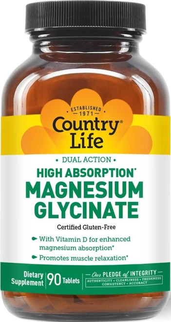 Country Life Magnesium Glycinate 350 mg with Vitamin D3, 90 Tablets