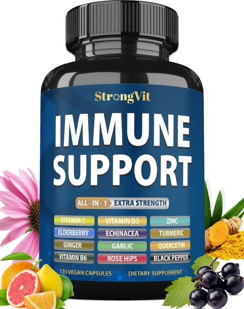 StrongVit Immune Support Supplement 12 in 1 Complex with Vitamin C, D3, Zinc, Echinacea, Elderberry, Ginger, Turmeric. Immune Defend for Men & Women, Non-GMO, Gluten-Free, Vegan, USA (120 Capsules)