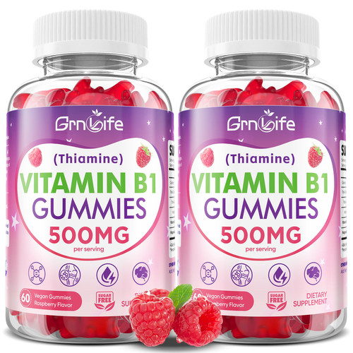 GrnLife 2 Pack Vitamin B1 Gummies 500mg for Adults & Kids – High Potency Thiamine B1 Supplement for Energy & Nervous System Support, Sugar-Free, Raspberry Flavor, 120 Count
