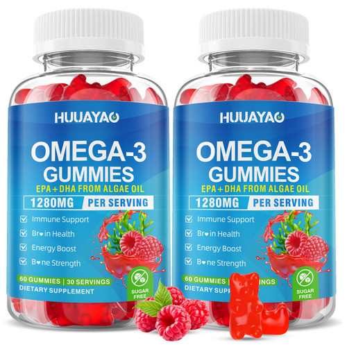 Vegan Omega-3 Gummies 1280mg, Omega 3 Fish Oil Alternative for Adults w/EPA 400mg & DHA 600mg & Vitamin A, C, E Supports Brain, Eye & Immune Health, Sugar Free, Raspberry Flavor, 120 Count