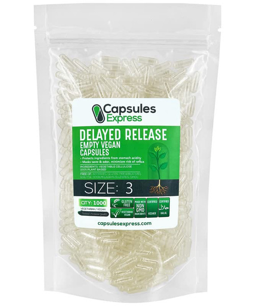 XPRS Nutra Delayed Release Size 3 Empty Capsules - 1000 Count Clear Empty Vegan Capsules - Vegetarian Pills - DIY Vegetable Capsule Filling - Fillable Veggie Gel Caps for Do-It-Yourself Supplements