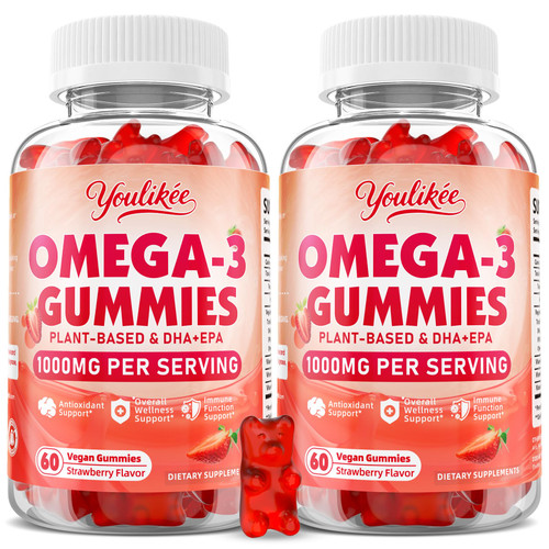 2 Pack Vegan Omega-3 Gummies 1000mg, Strawberry Flavor, 120 Count