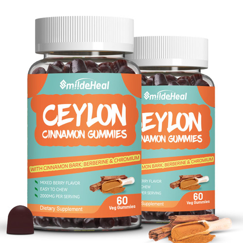 SmildeHeal 2 Pack Sugar Free Ceylon Cinnamon Gummies 2000MG, Cinnamon Supplement with Chromium and Cinnamon Bark, Vegan, Non-GMO, Gluten Free,120 Gummies