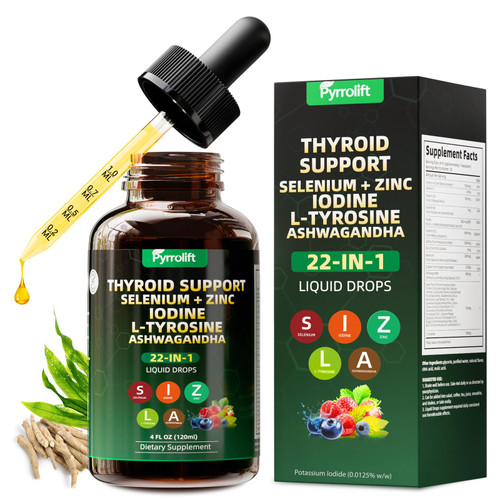 Thyroid Support for Women & Men with Iodine, Selenium, L-Tyrosine, Vitamin B, Zinc, Ashwagandha, Turmeric, Natural Herbal Supports Body Immune & Thyroid Balance Supplement Liquid Drops, 120 ML