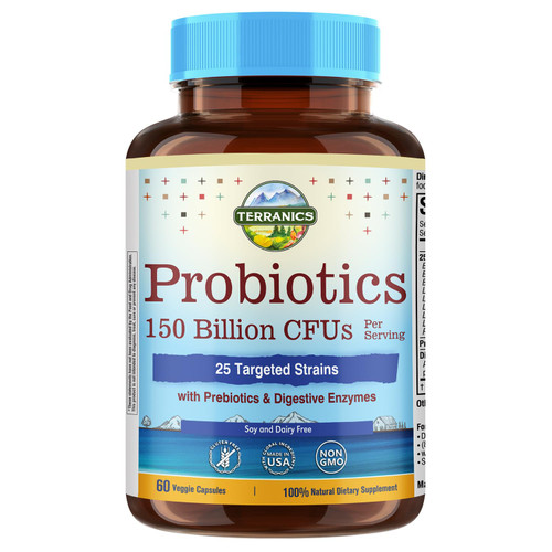 Terranics Daily Probiotics for Men & Women, 150 Billion 25 Strains Probiotics, with Prebiotics & Enzymes, Delayed Release, Shelf Stable, 60 Veggie Caps
