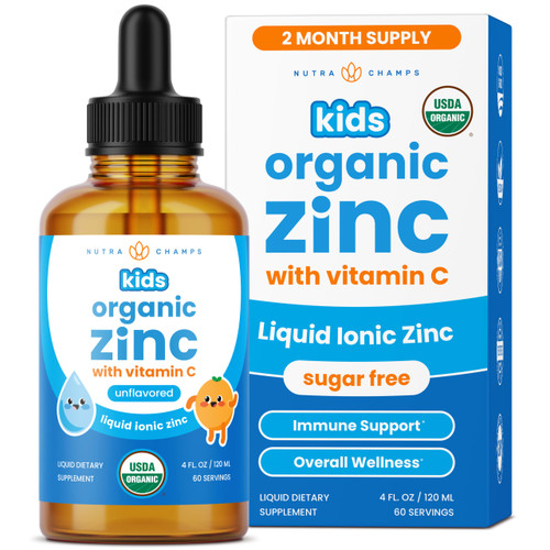 NutraChamps Organic Liquid Zinc Drops for Kids, Ionic Zinc Drops Enhanced with Vitamin C for Children, Sugar-Free 4 oz, Vegan & Non-GMO, Unflavored, 60 Servings, 2 Month Supply