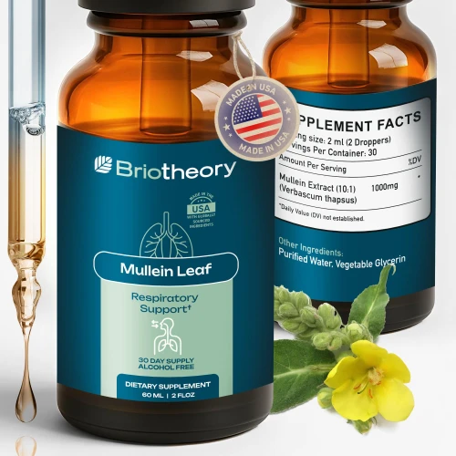 BRIOTHEORY Mullein Leaf Extract - Fast Absorbing Liquid Drops for Lungs, Natural Respiratory Support Herbal Supplement, Alcohol Free Vegan Non-GMO, Natural Mullein Leaf Extract - 60 ml
