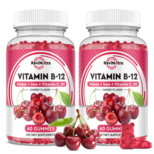 ReviNutra Vitamin B12 Gummies - 5000 mcg Methylcobalamin with Iron, Vitamin C, D3 & Folate, Energy Support and Metabolism, Immune, B-12 Complex Chewable Supplement for Men & Women, 120 Count, 2 Pack