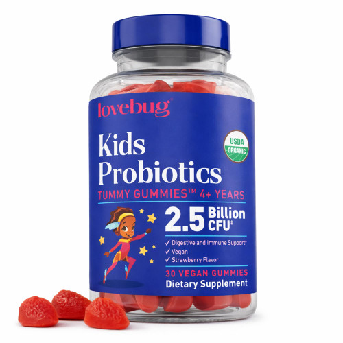 LOVEBUG Kids Probiotic Gummies – Organic Chewable Probiotics for Kids Aged 4+, Soil-Based Children’s Probiotic for Gut Health, Constipation, Digestive & Immune Support, Vegan, 60 Chews, Strawberry