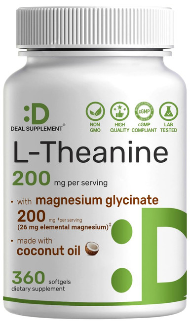 L-Theanine with Magnesium Glycinate, 360 Softgels | L-Theanine 200mg & Magnesium Glycinate 200mg per Serving | 2-in-1 Amino Acid & Mineral Complex | Made with Coconut Oil | Non-GMO, cGMP Manufactured