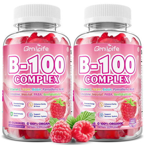 GrnLife 2 Pack Vitamin B Complex Gummies, All B Vitamins + Methyl B12, B1, B2, B3, B5, B6, Biotin, Methylfolate, Vitamin C, Choline, Inositol, PABA for Energy & Immune Support, Raspberry, 120 Count