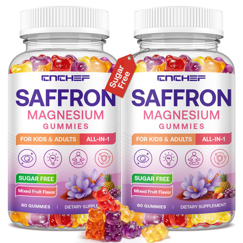 Saffron Gummies Kids & Adults, Mixed Fruit Flavor Sugar Free, Saffron Magnesium Supplements with 88.5mg Saffron Extract, B6, D3, Lutein, Omega-3, Brain, Focus, Calm & Vision Support, Vegan, 120 Counts