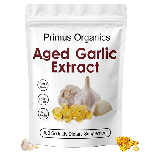 Primus Aged Garlic Extract, Primus Aged Garlic 24 Month Aged,Odorless Garlic Supplement,All-Natural,Vegetarian,300 Softgels (1PCS)