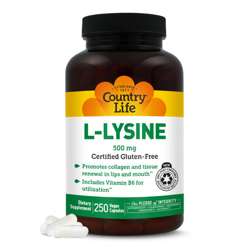 Country Life L-Lysine 500mg with B-6, 250 Vegan Capsules