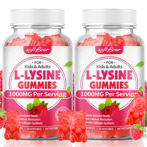 softbear L-Lysine Gummies for Adults & Kids, L Lysine 1000mg Chewable Lysine Supplement for Lips & Oral Health, Immune & Collagen Support, Vegan, Non GMO, Gluten-Free, Raspberry Flavor 120 Count