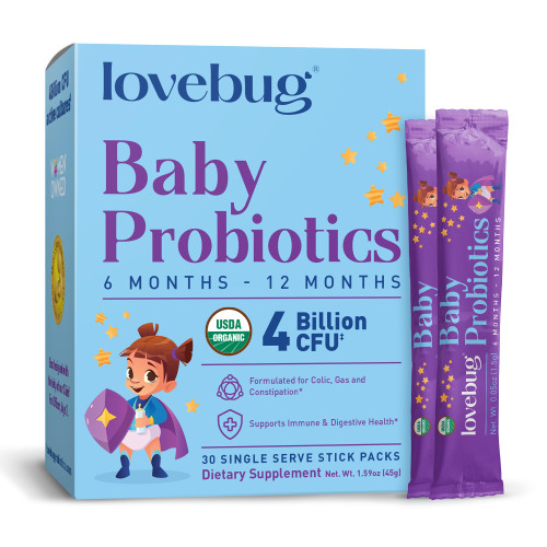 LOVEBUG Award Winning USDA Organic Probiotic for Babies | Multi-Strain 4 Billion CFU | Easy-to-Take Powder | Sugar Free | Ages 6-12 Months | 30 Packets